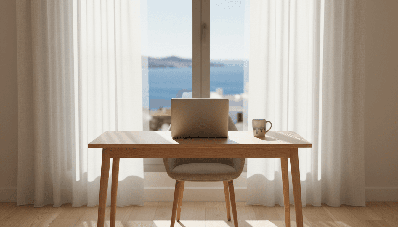 Sunlit home office with laptop and view of the Mediterranean coast