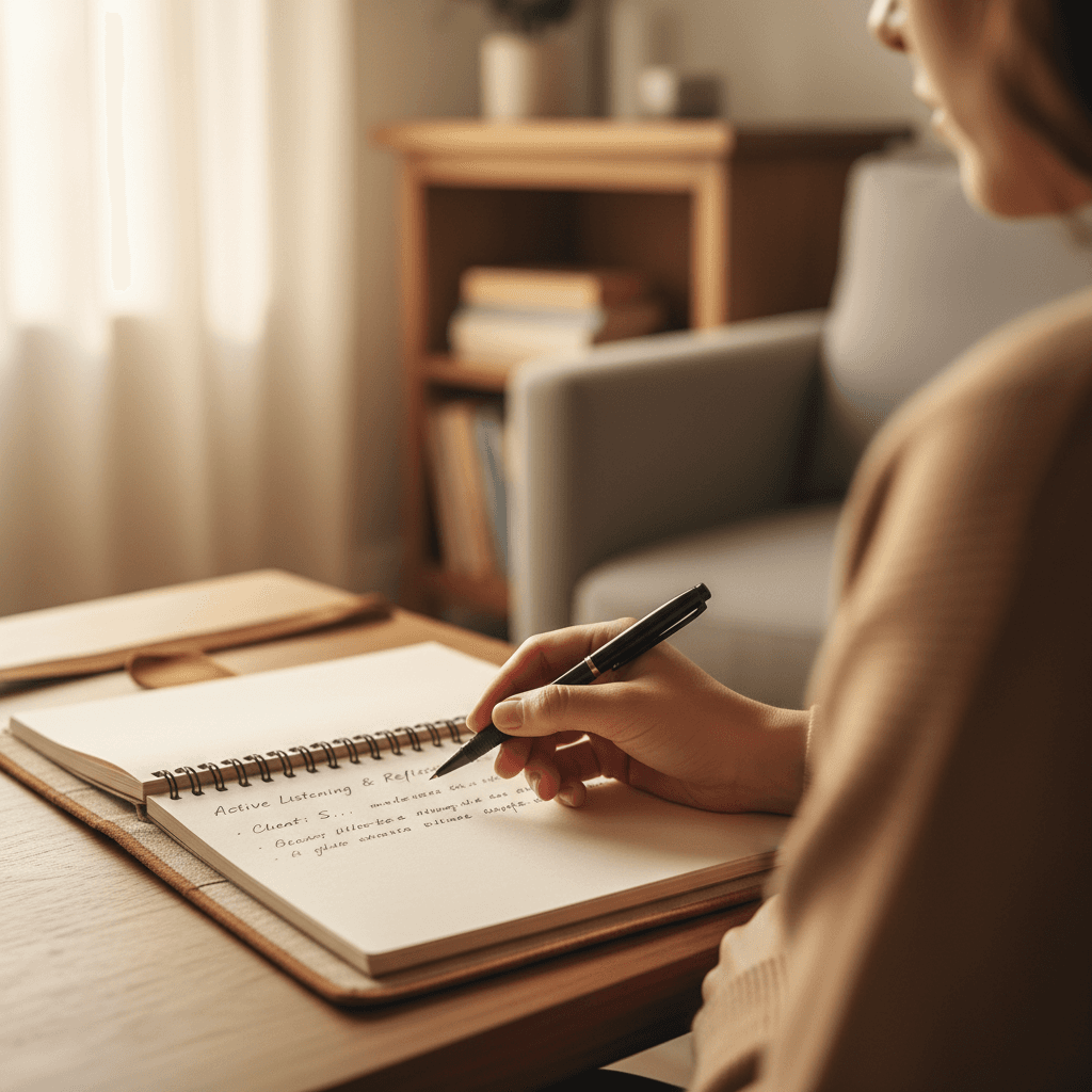 Handwritten session notes on a desk